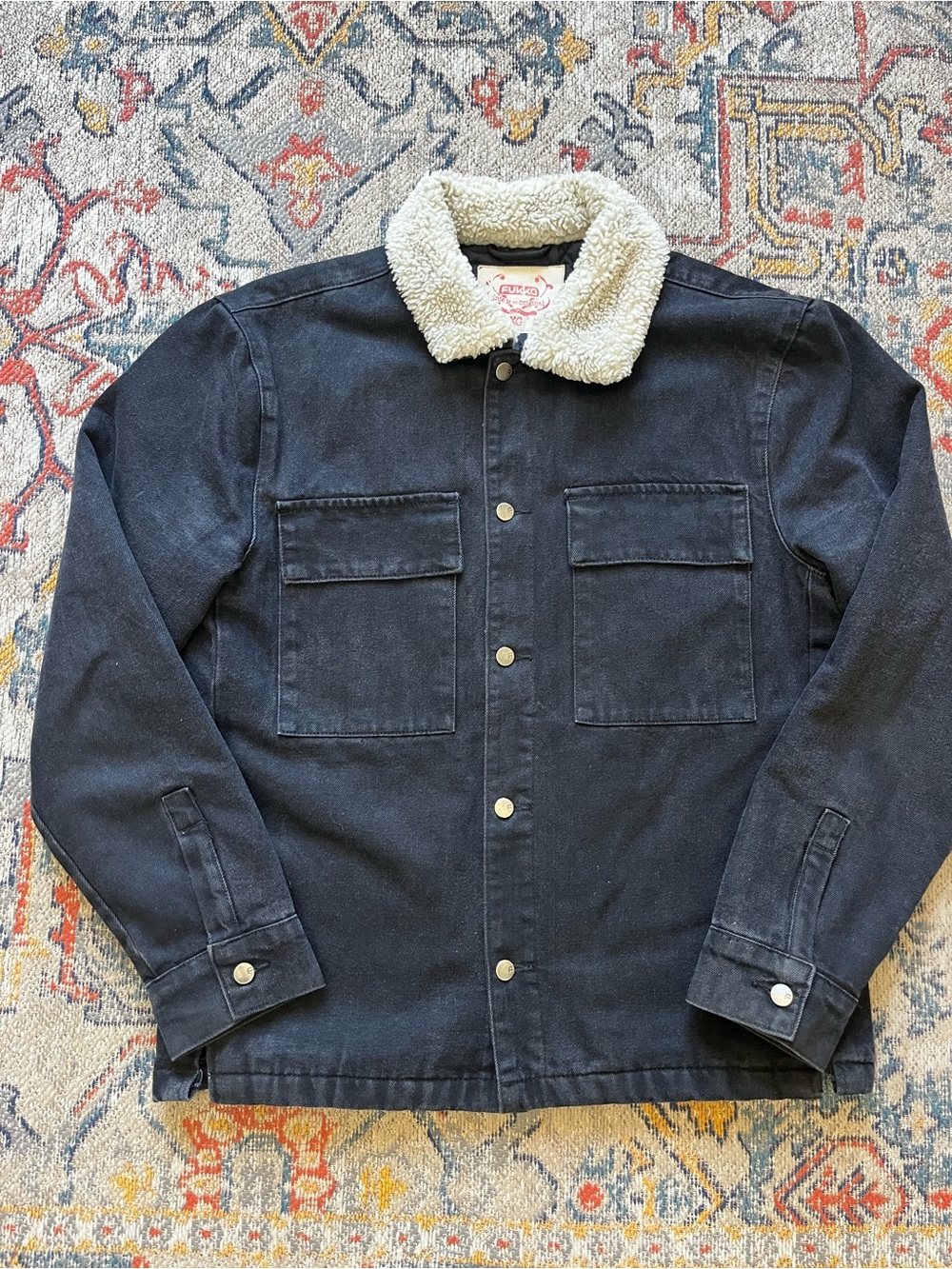 Fukka Black Trucker Denim Jacket with Cream Sherpa Collar XL 100% Cotton